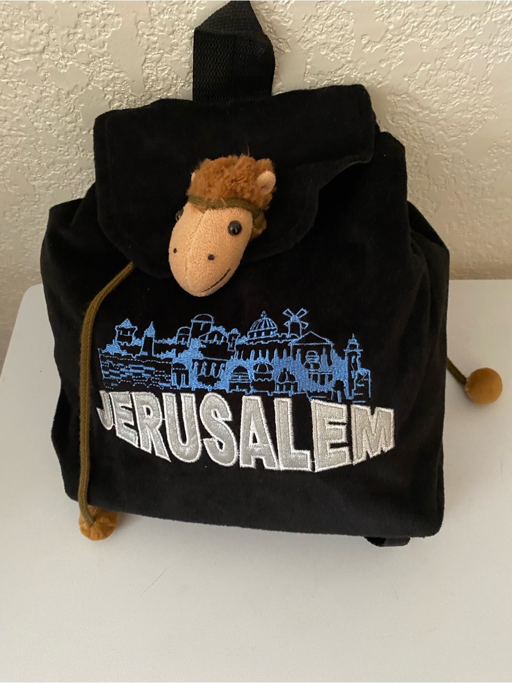 Jerusalem Embroidered Black Velvet Kids Drawstring Backpack with Plush Camel